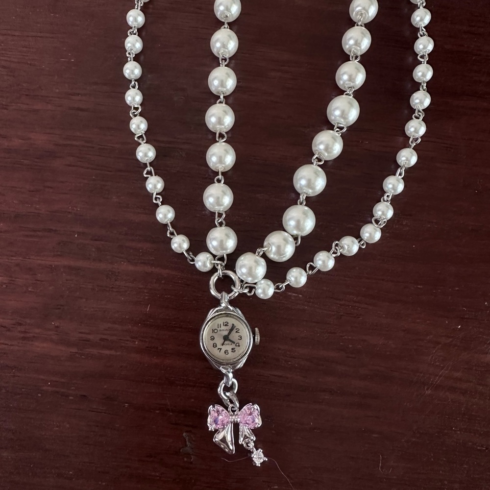 Telly Bowie Double Pearl Chain Mini Watch Necklace